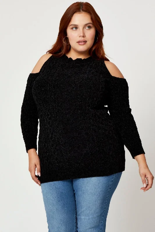 Black Knit Top Round Neck Long Sleeve Cold Shoulder