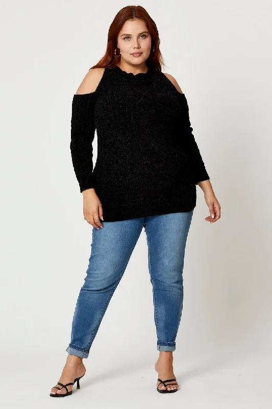 Black Knit Top Round Neck Long Sleeve Cold Shoulder