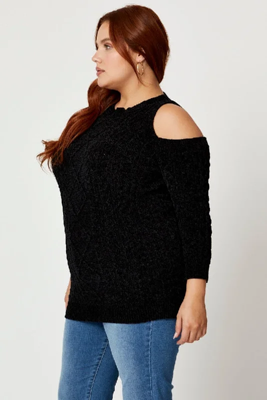 Black Knit Top Round Neck Long Sleeve Cold Shoulder