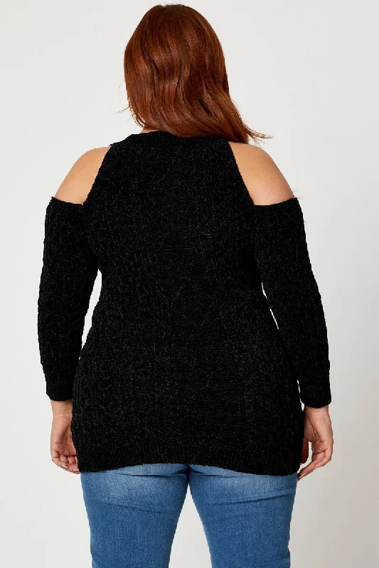 Black Knit Top Round Neck Long Sleeve Cold Shoulder