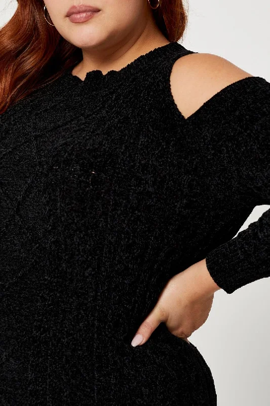 Black Knit Top Round Neck Long Sleeve Cold Shoulder