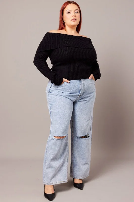 Black Off Shoulder Knit Top Long Sleeve