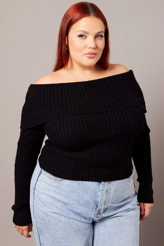 Black Off Shoulder Knit Top Long Sleeve