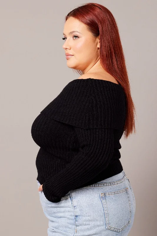 Black Off Shoulder Knit Top Long Sleeve