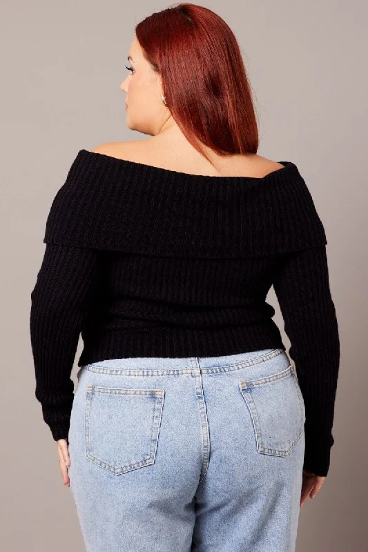 Black Off Shoulder Knit Top Long Sleeve