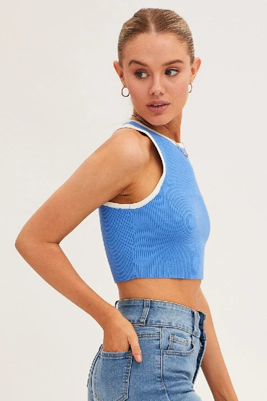 Blue Knit Top Crop Sleeveless Round Neck