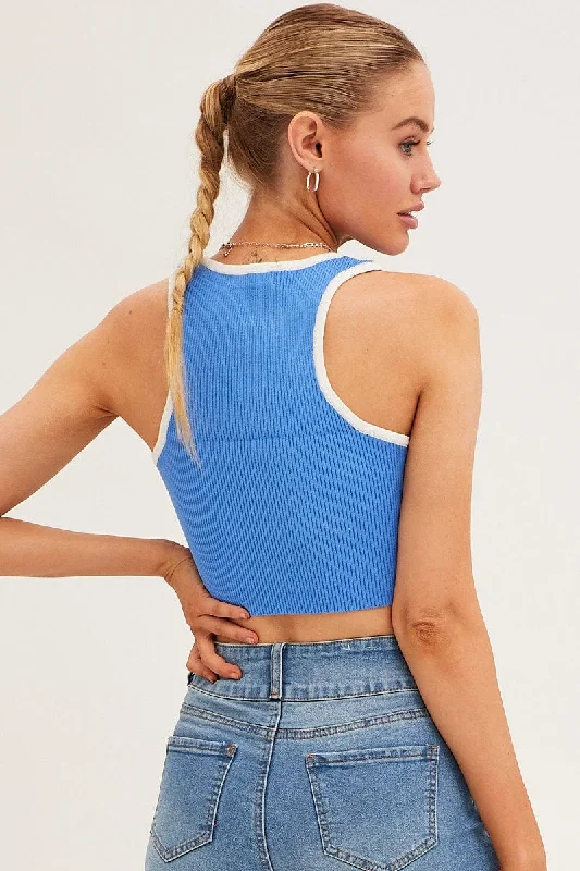 Blue Knit Top Crop Sleeveless Round Neck