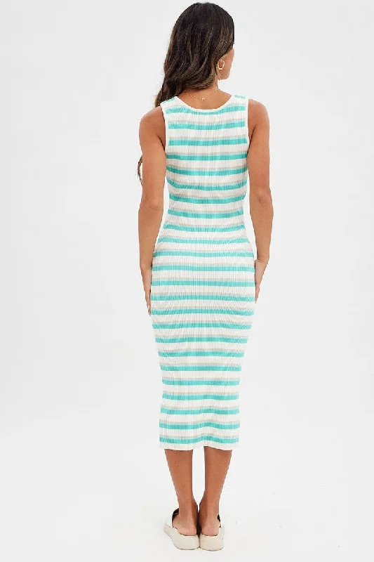 Blue Stripe Knit Dress Midi Square Neck