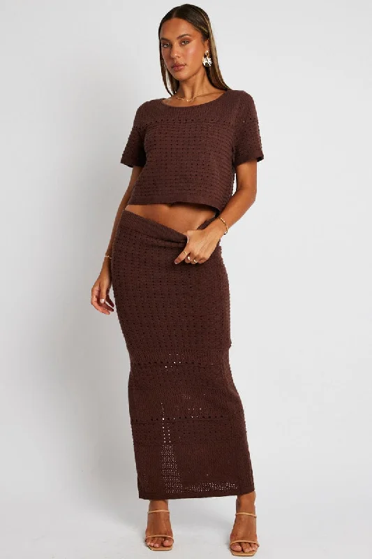 Brown Knit Top Short Sleeve Crochet