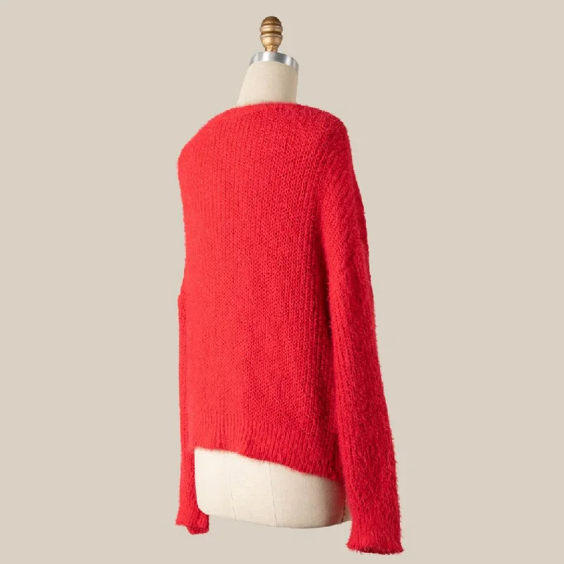 Button Down Fuzzy Cable Knit Cardigan (Red)