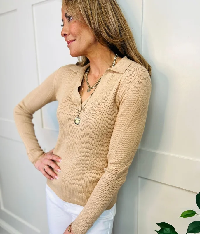 Camel Collared Ribbed Jumper