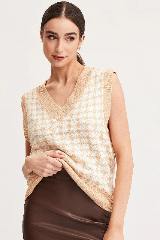 Check Knit Top Sleeveless Oversized V-Neck