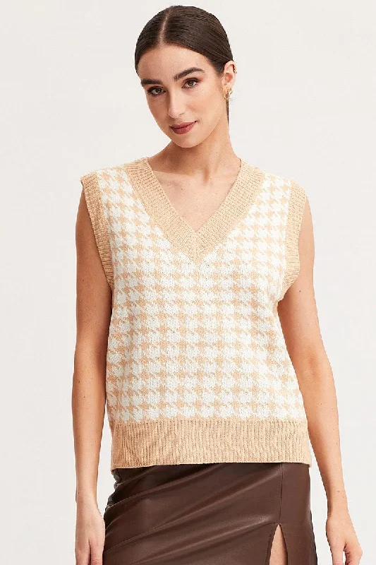 Check Knit Top Sleeveless Oversized V-Neck