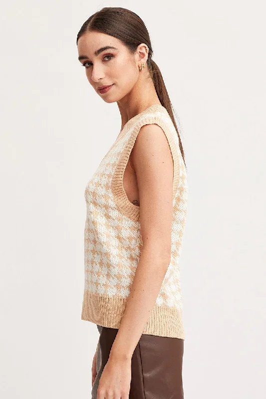 Check Knit Top Sleeveless Oversized V-Neck