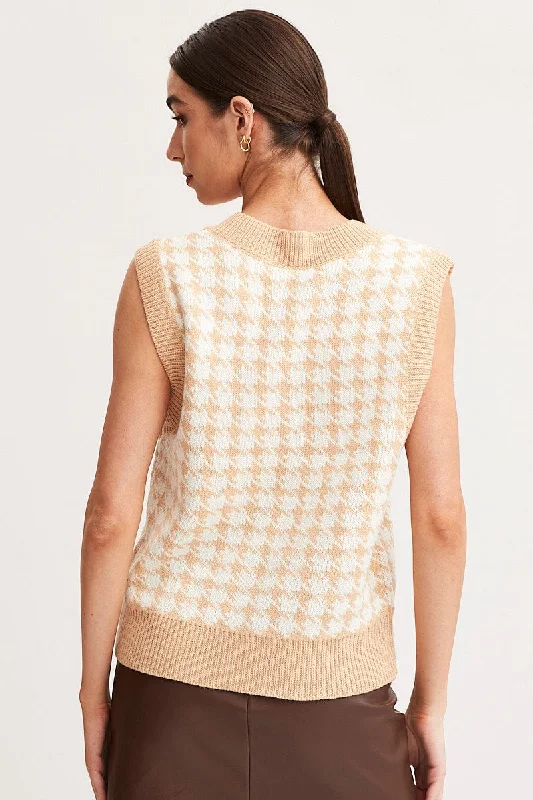 Check Knit Top Sleeveless Oversized V-Neck