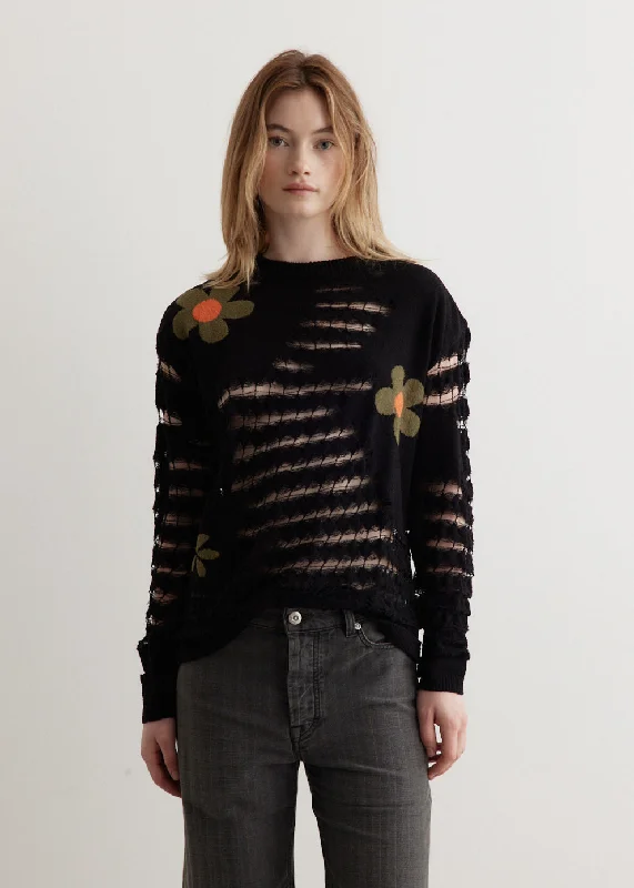 Flower Sheer Crew-Neck Sweater