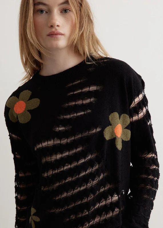 Flower Sheer Crew-Neck Sweater