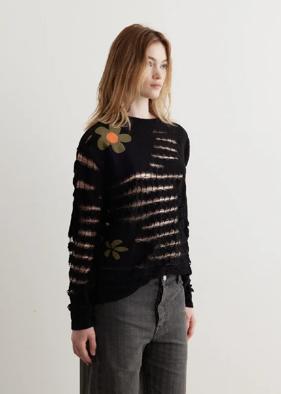 Flower Sheer Crew-Neck Sweater