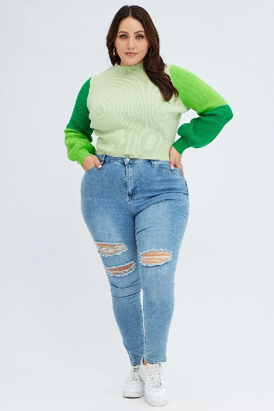 Green Knit Jumper Colour Block