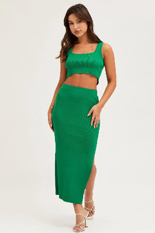 Green Knit Midi Skirt