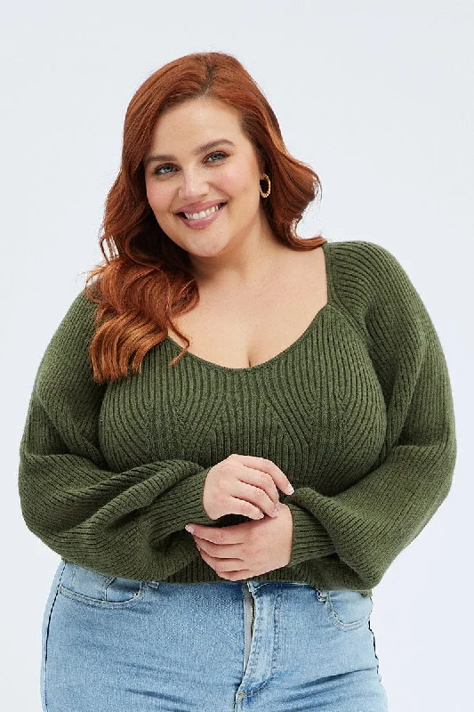 Green Knit Top Volume Sleeve Crop