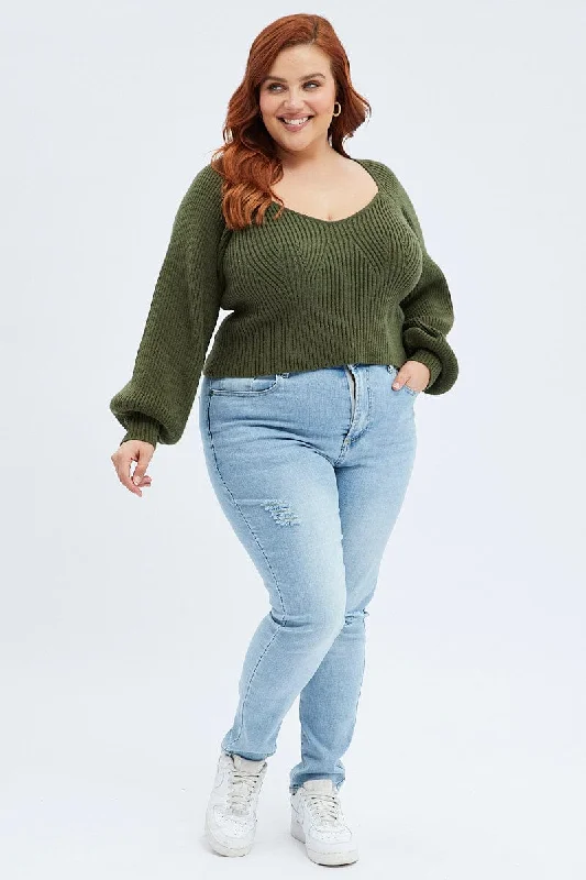 Green Knit Top Volume Sleeve Crop