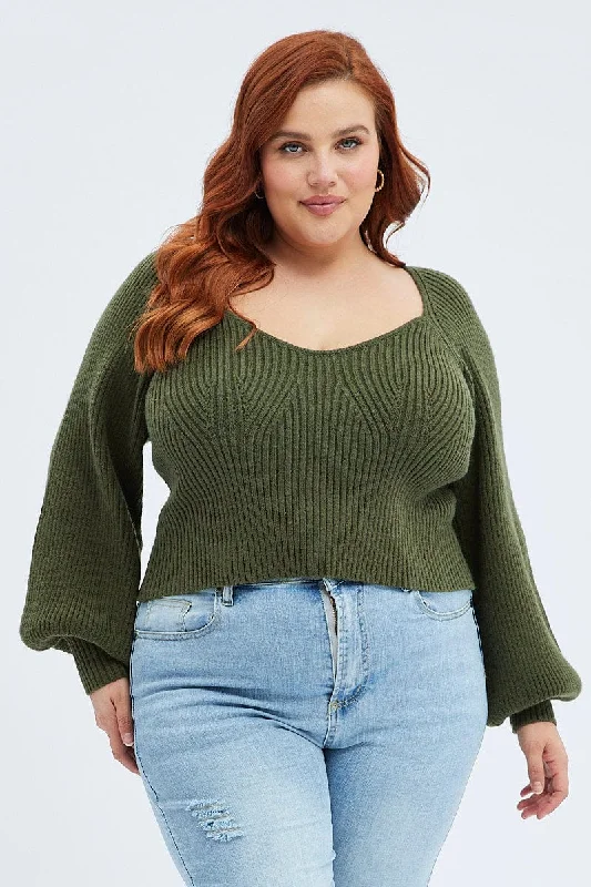 Green Knit Top Volume Sleeve Crop