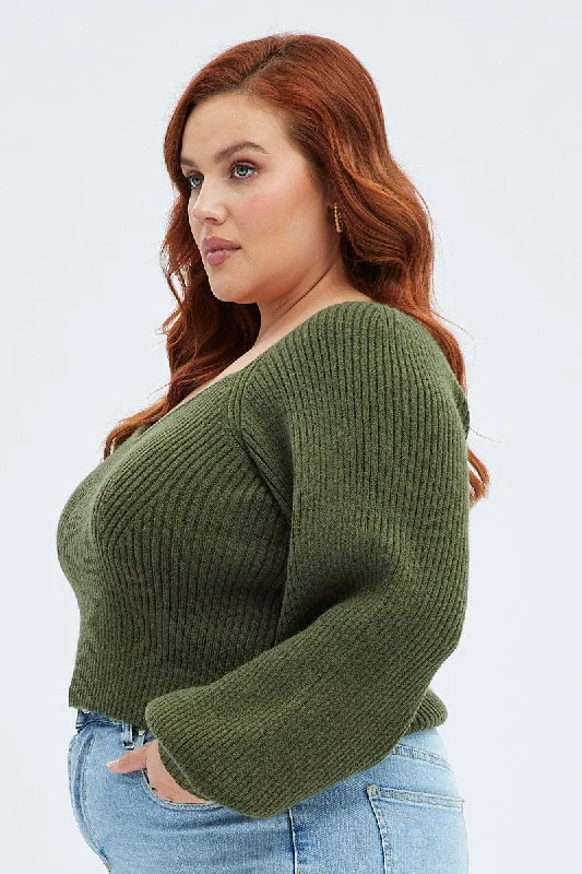 Green Knit Top Volume Sleeve Crop