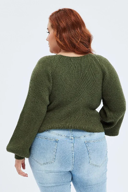 Green Knit Top Volume Sleeve Crop