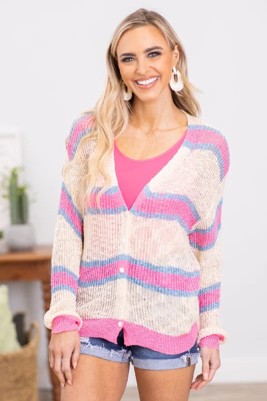 Hot Pink and Beige Stripe Cardigan