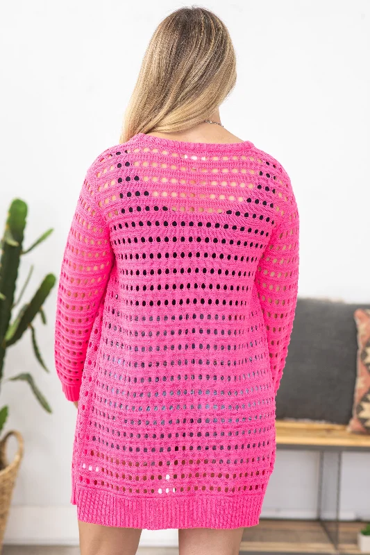 Hot Pink Crochet Mid Length Cardigan