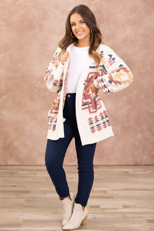 Ivory and Terra Cotta Aztec Print Cardigan