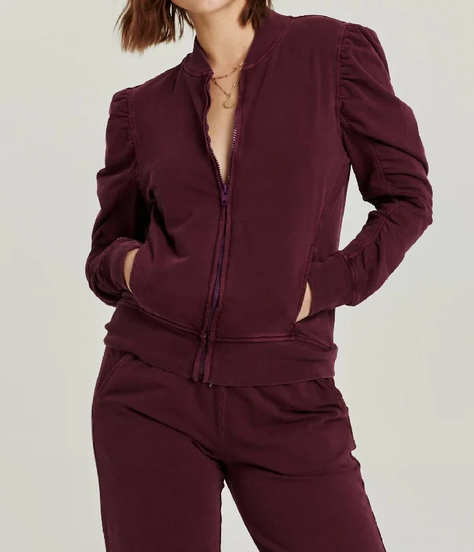 Kaya Ruched Zip Up Jacket In Prune