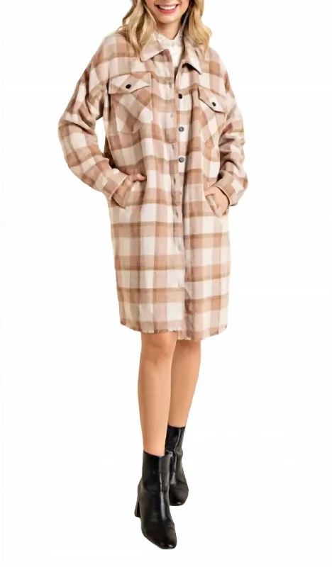 Longline Plaid Shirt Jacket In Taupe