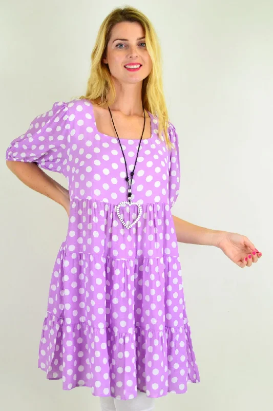 Mauve Polka Dot Puff Sleeves Tunics Dress