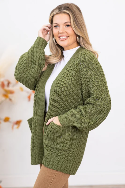 Olive Chunky Knit Cardigan With Pockets