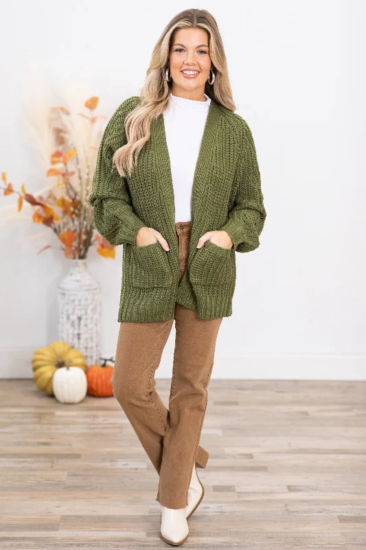 Olive Chunky Knit Cardigan With Pockets