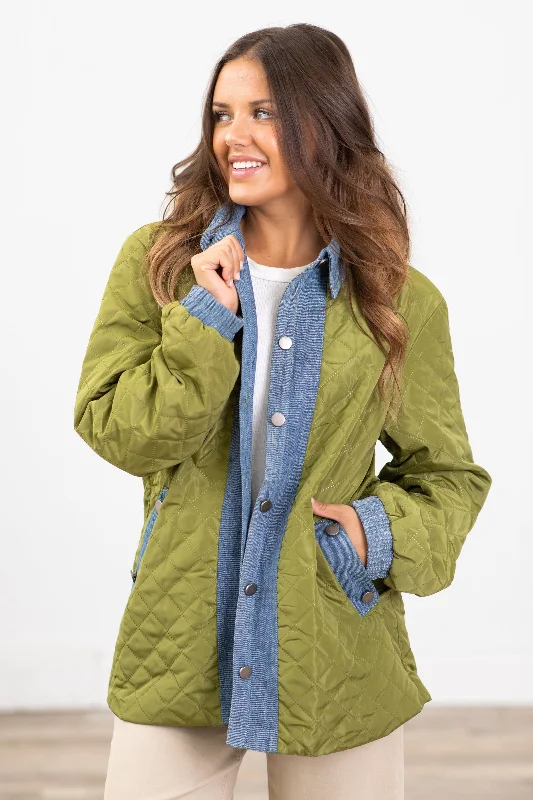 Olive Quilted Jacket With Denim Trim Detail