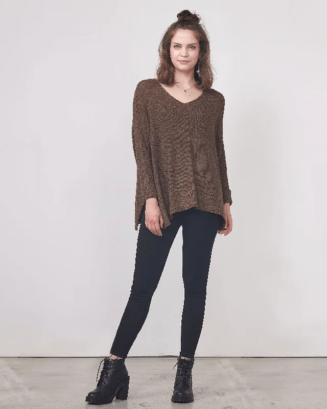 Oversized V-Neck Knit Sweater - Brown