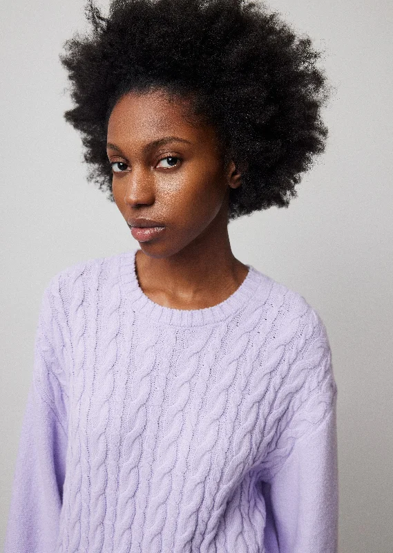 Cotton Blend Cable Crew Neck Sweater - Pale Orchid