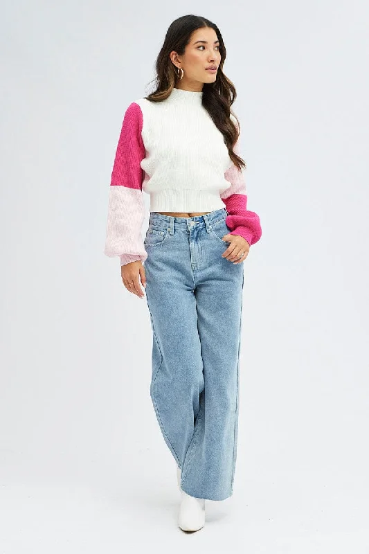 Pink Knit Jumper Colour Block