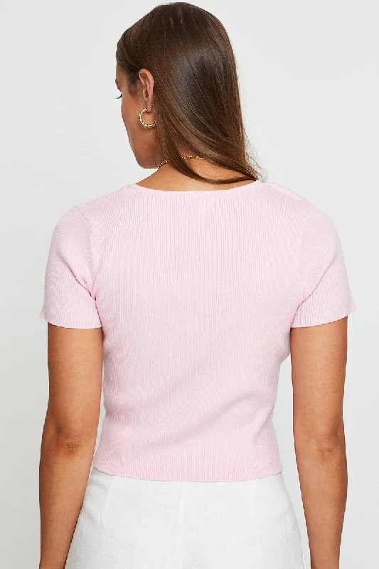 Pink Knit Top Short Sleeve Cut Out