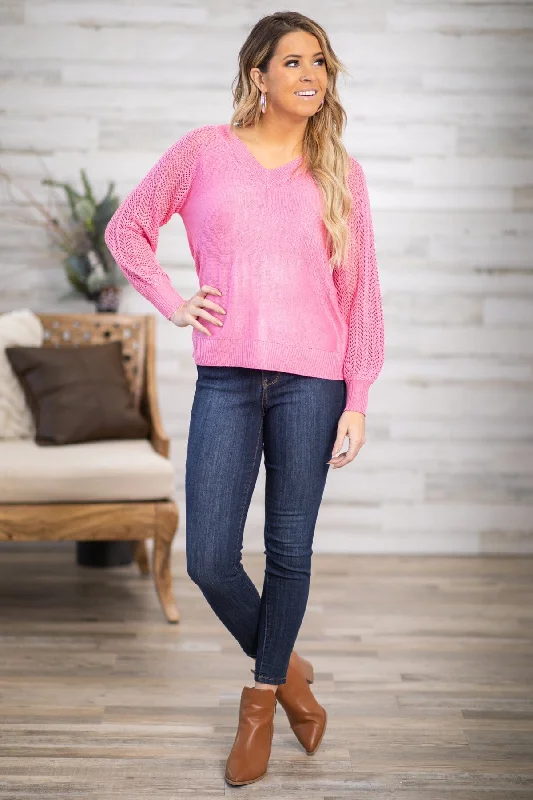 Pink Pointelle Sleeve Detail Sweater