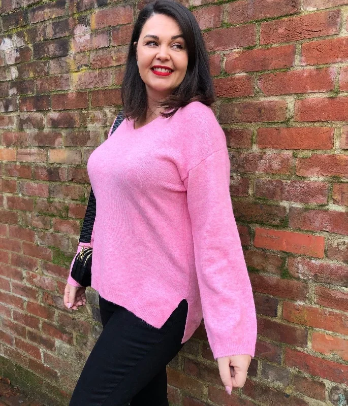 Pink Relaxed V Neck Jumper