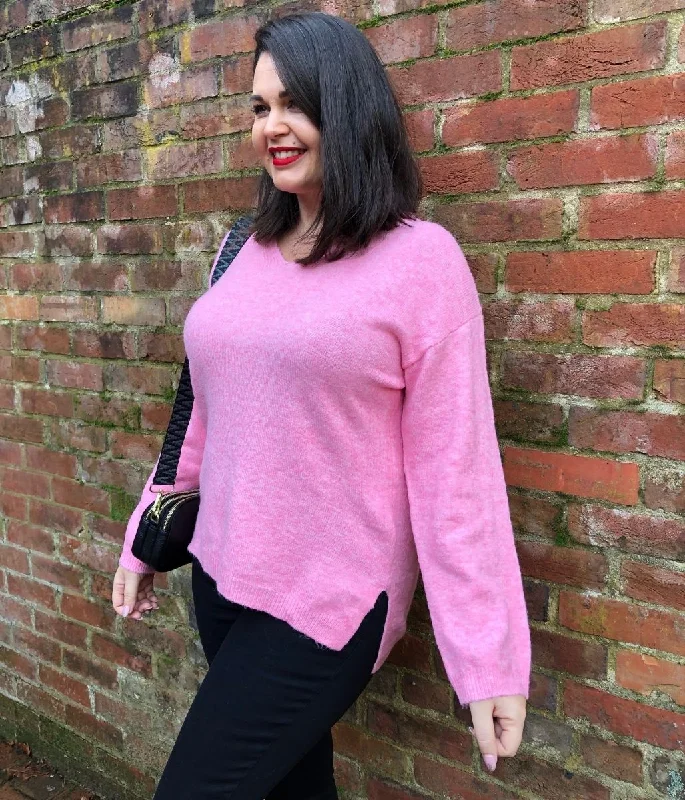 Pink Relaxed V Neck Jumper