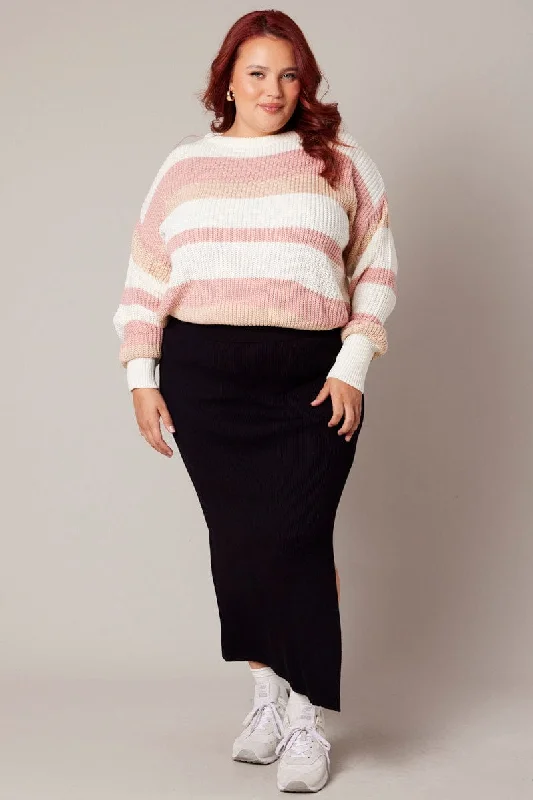 Pink Stripe Knit Jumper Long Sleeve Round Neck