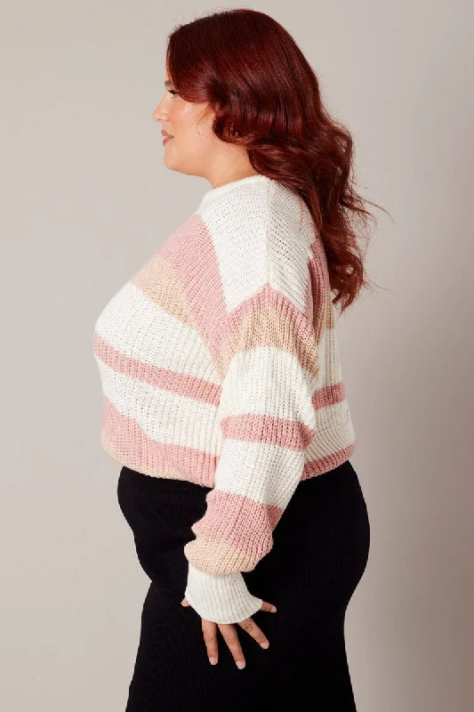 Pink Stripe Knit Jumper Long Sleeve Round Neck