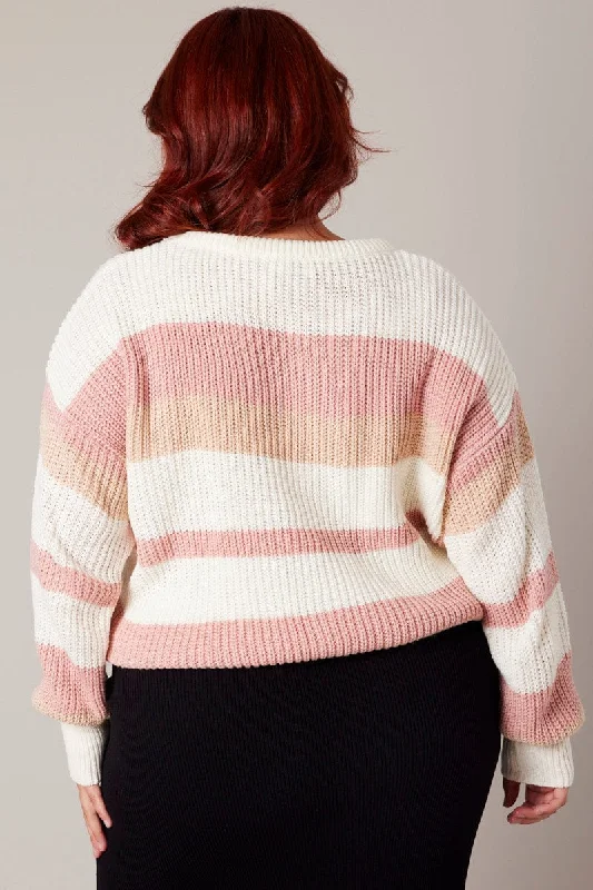 Pink Stripe Knit Jumper Long Sleeve Round Neck