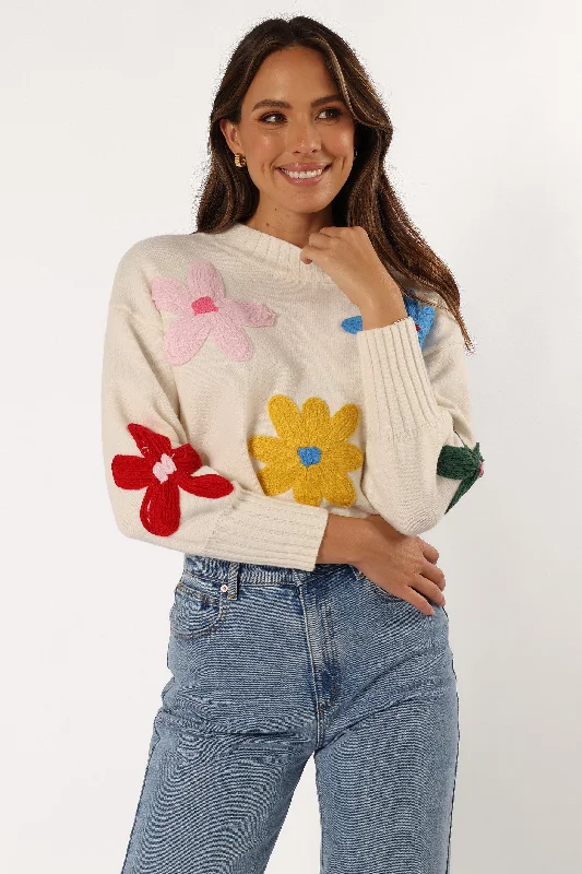 Raelynn Multi Color Flower Knit Sweater - Cream