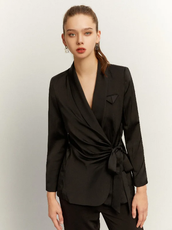 Ruffled Satin Self-Tie Blazer